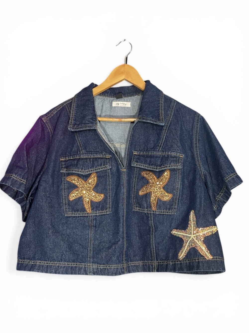 Denim Crop Jacket with Gold Sequin Starfish Details design by Jenstylez - Picture 3 of 4
